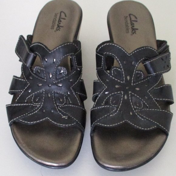 Clarks Bendables Womens Black Leather Slide Wedge Sandal - Size 7M - Picture 5 of 10